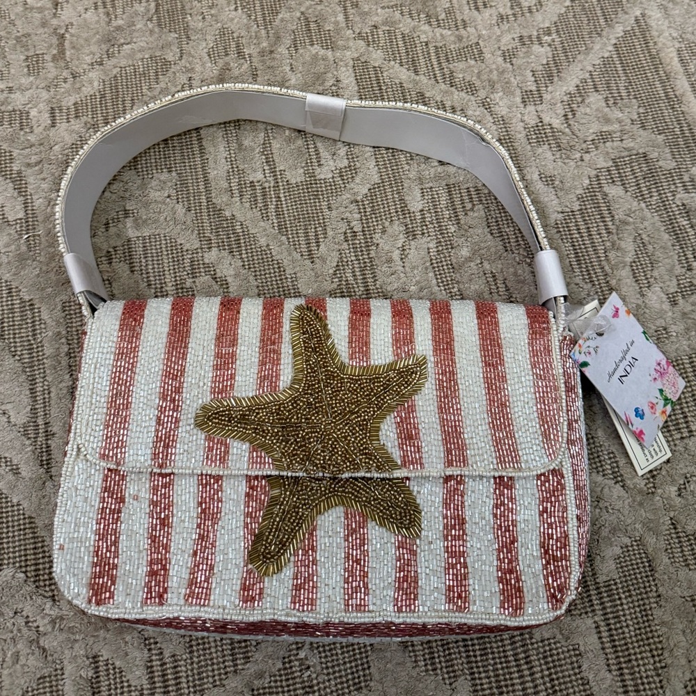NWT Starfish Pink White Stripes Striped Beaded Bag Made in India Brand New